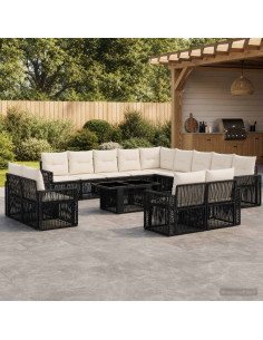 Set Divano da Giardino 14 pz Nero e Bianco Crema polyrattan