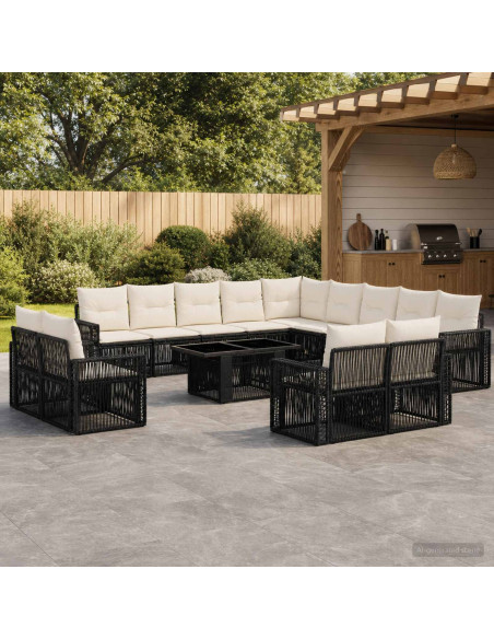Set Divano da Giardino 14 pz Nero e Bianco Crema polyrattan