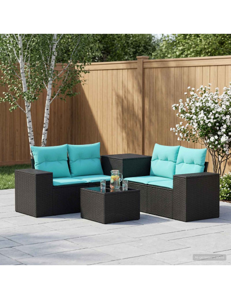 Set di divani 6 pz Nero e Blu Rattan sintetico e Acciaio