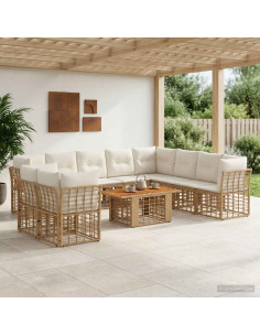 Set Divano da Giardino 11 pz Naturale e Bianco Crema polyrattan