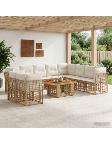 Set Divano da Giardino 11 pz Naturale e Bianco Crema polyrattan