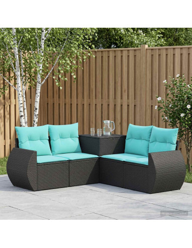 Set di divani 5 pz Nero e Blu Rattan sintetico e Acciaio