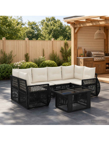 Set Divano da Giardino 7 pz Nero e Bianco Crema polyrattan