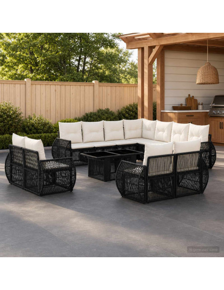 Set Divano da Giardino 12 pz Nero e Bianco Crema polyrattan