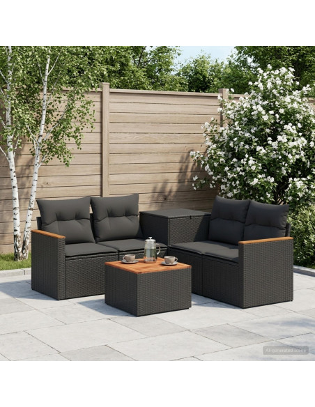 Set di divani 6 pz Nero Rattan sintetico e Acciaio