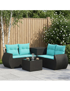 Set di divani 6 pz Nero e Blu Rattan sintetico e Acciaio