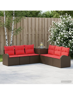 Set di divani 7 pz Marrone e Rosso Rattan sintetico e Acciaio