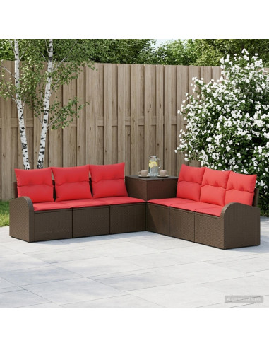 Set di divani 7 pz Marrone e Rosso Rattan sintetico e Acciaio