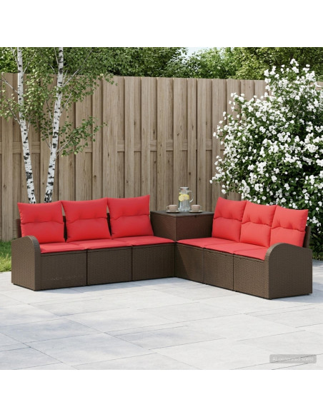 Set di divani 7 pz Marrone e Rosso Rattan sintetico e Acciaio