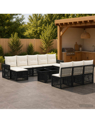 Set Divano da Giardino 11 pz Nero e Bianco Crema polyrattan