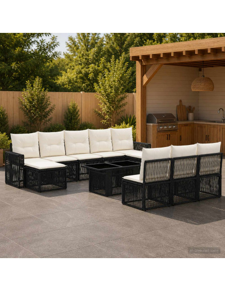 Set Divano da Giardino 11 pz Nero e Bianco Crema polyrattan