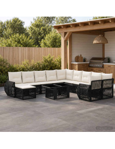 Set Divano da Giardino 12 pz Nero e Bianco Crema polyrattan