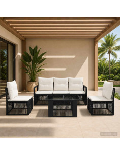 Set Divano da Giardino 6 pz Nero e Bianco Crema polyrattan