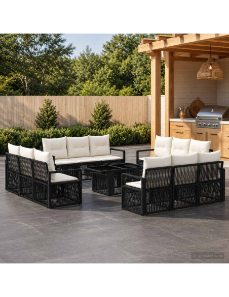 Set Divano da Giardino 13 pz Nero e Bianco Crema polyrattan