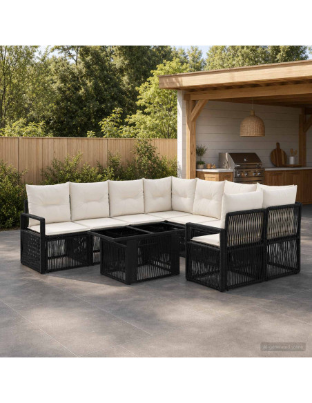 Set Divano da Giardino 9 pz Nero e Bianco Crema polyrattan