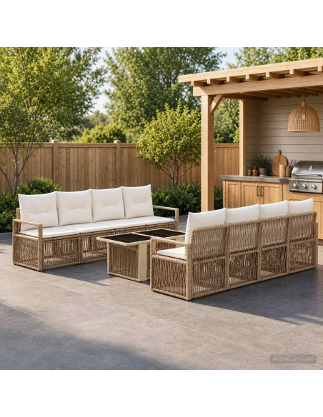 Set Divano da Giardino 9 pz Beige e Bianco Crema polyrattan