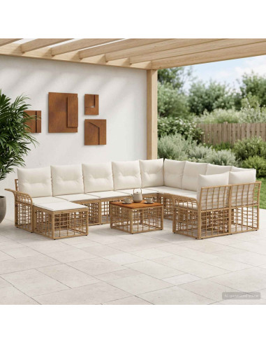 Set di divani da esterno 11 pz Naturale e Bianco Crema