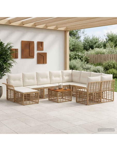 Set di divani da esterno 11 pz Naturale e Bianco Crema