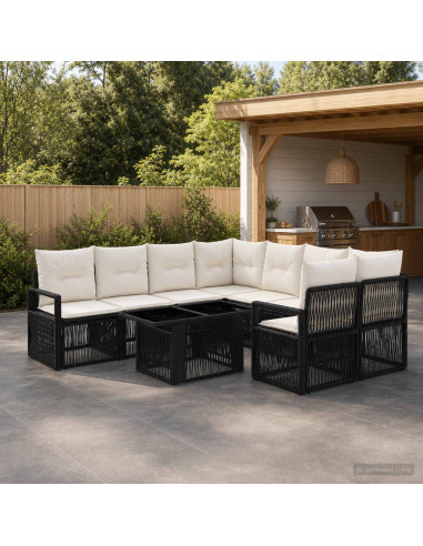 Set Divano da Giardino 9 pz Nero e Bianco Crema polyrattan