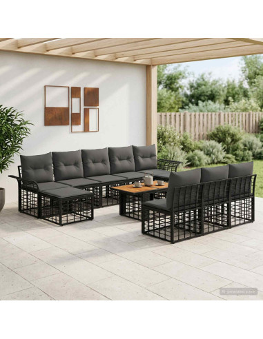 Set Divano da Giardino 11 pz Nero e Grigio scuro polyrattan