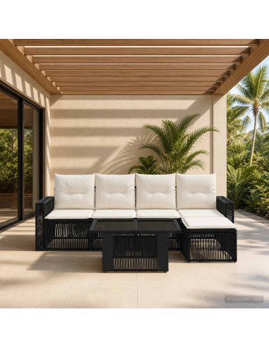 Set Divano da Giardino 6 pz Nero e Bianco Crema polyrattan