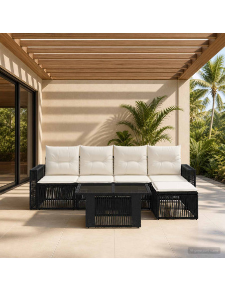 Set Divano da Giardino 6 pz Nero e Bianco Crema polyrattan