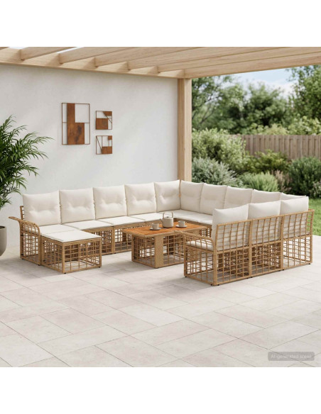 Set Divano da Giardino 13 pz Naturale e Bianco Crema polyrattan
