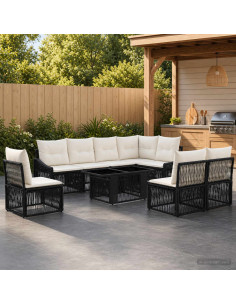 Set Divano da Giardino 9 pz Nero e Bianco Crema polyrattan