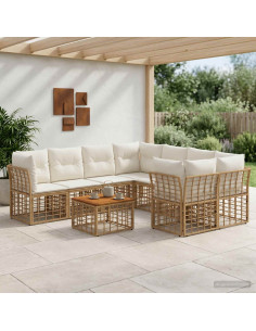 Set di divani da esterno 9 pz Naturale e Bianco Crema