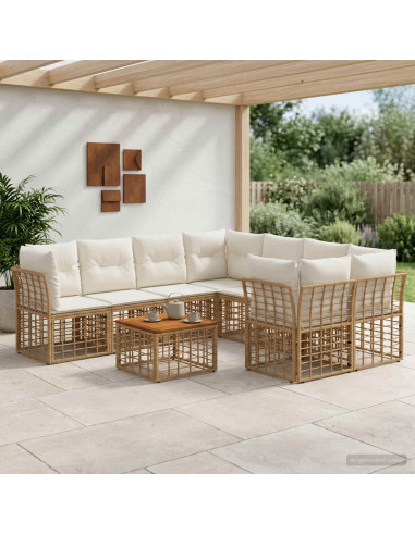 Set di divani da esterno 9 pz Naturale e Bianco Crema