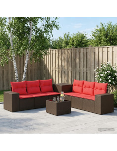 Set di divani 8 pz Marrone e Rosso Rattan sintetico e Acciaio