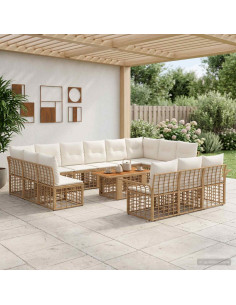 Set Divano da Giardino 14 pz Naturale e Bianco Crema polyrattan