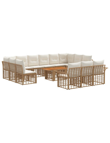 Set Divano da Giardino 14 pz Naturale e Bianco Crema polyrattan