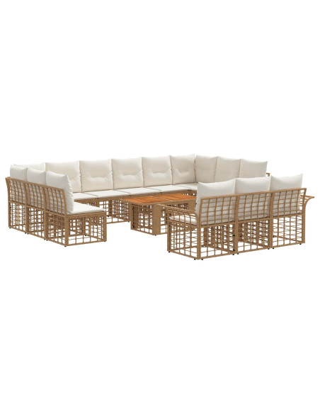 Set Divano da Giardino 14 pz Naturale e Bianco Crema polyrattan