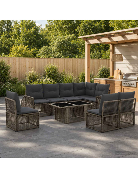 Set Divano da Giardino 9 pz Grigio e Grigio Scuro polyrattan