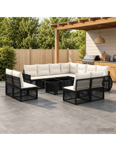 Set Divano da Giardino 12 pz Nero e Bianco Crema polyrattan