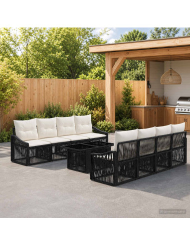 Set Divano da Giardino 9 pz Nero e Bianco Crema polyrattan