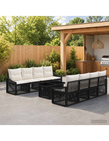 Set Divano da Giardino 9 pz Nero e Bianco Crema polyrattan