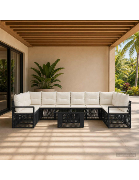 Set Divano da Giardino 11 pz Nero e Bianco Crema polyrattan