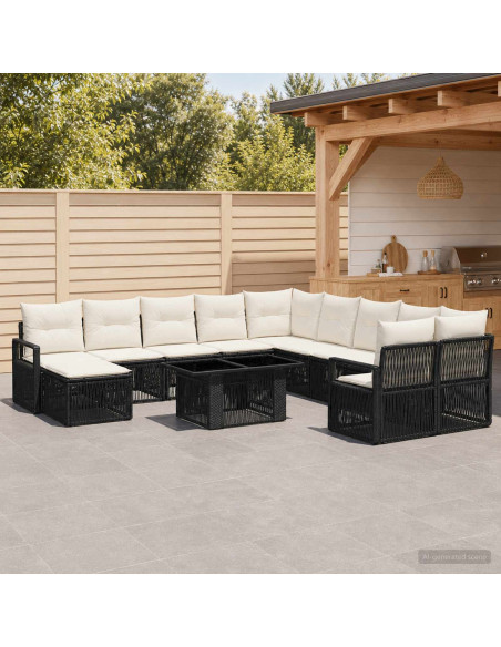Set Divano da Giardino 12 pz Nero e Bianco Crema polyrattan