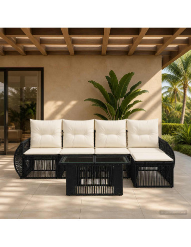 Set Divano da Giardino 6 pz Nero e Bianco Crema polyrattan