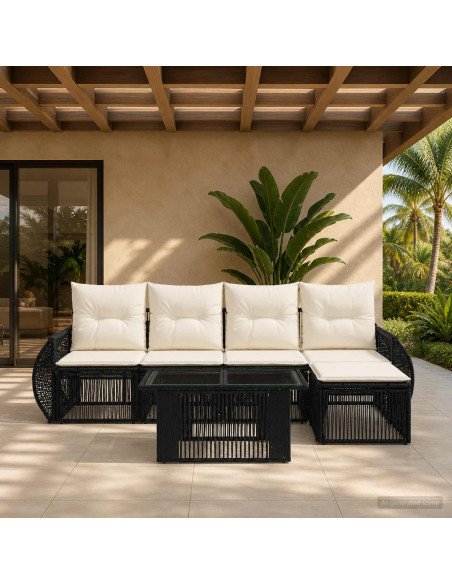 Set Divano da Giardino 6 pz Nero e Bianco Crema polyrattan