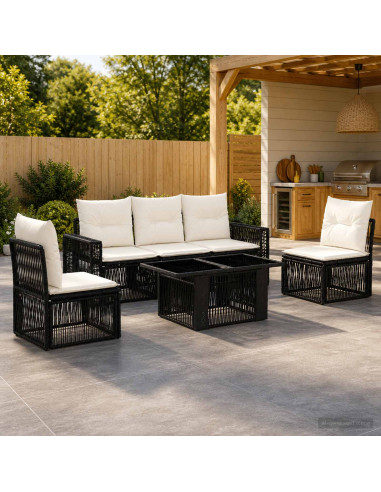 Set Divano da Giardino 6 pz Nero e Bianco Crema polyrattan