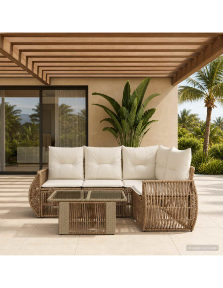 Set Divano da Giardino 5 pz Beige e Bianco Crema polyrattan