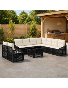 Set Divano da Giardino 10 pz Nero e Bianco Crema polyrattan