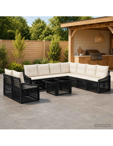 Set Divano da Giardino 10 pz Nero e Bianco Crema polyrattan
