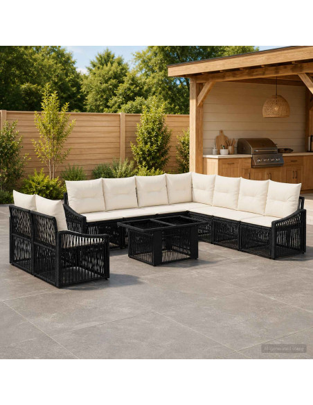 Set Divano da Giardino 10 pz Nero e Bianco Crema polyrattan