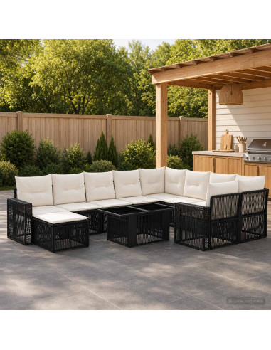 Set Divano da Giardino 11 pz Nero e Bianco Crema polyrattan