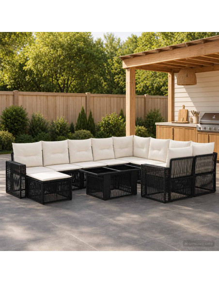 Set Divano da Giardino 11 pz Nero e Bianco Crema polyrattan
