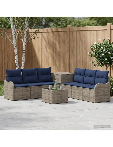 Set di divani 8 pz Grigio e Blu Navy Rattan sintetico e Acciaio